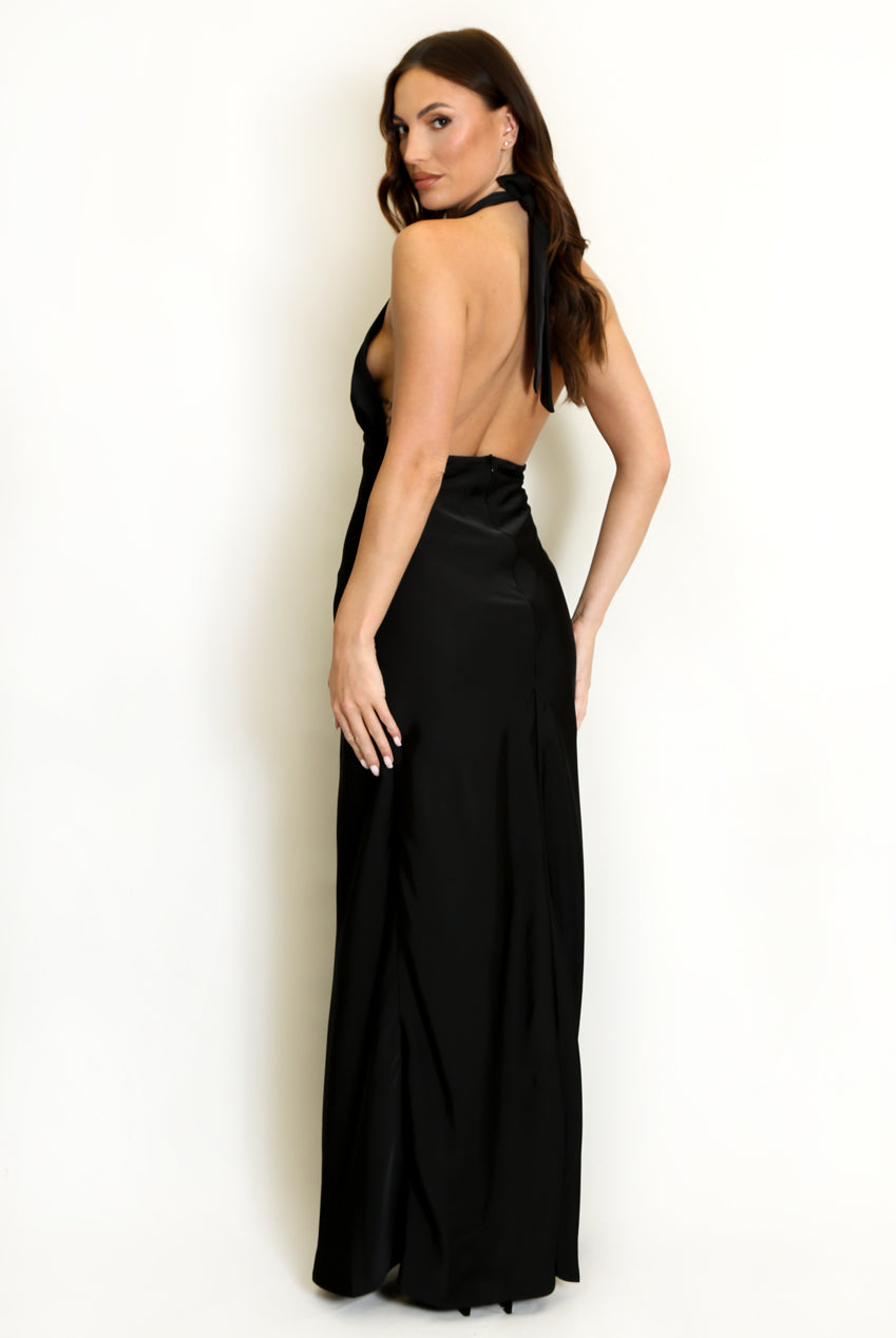 Black Satin Plunge Halter Neck Maxi Dress