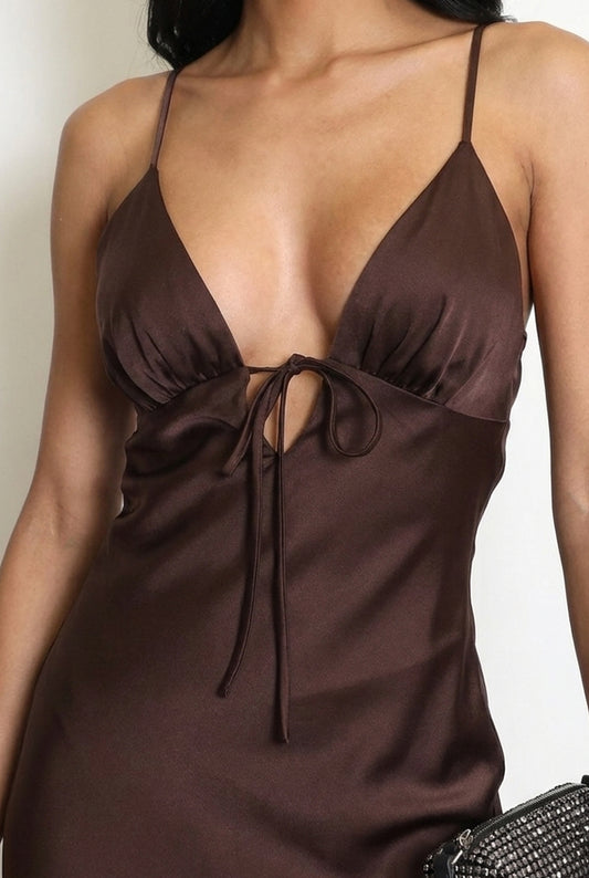 Venoura Brown Satin Plunge Neck Maxi Dress