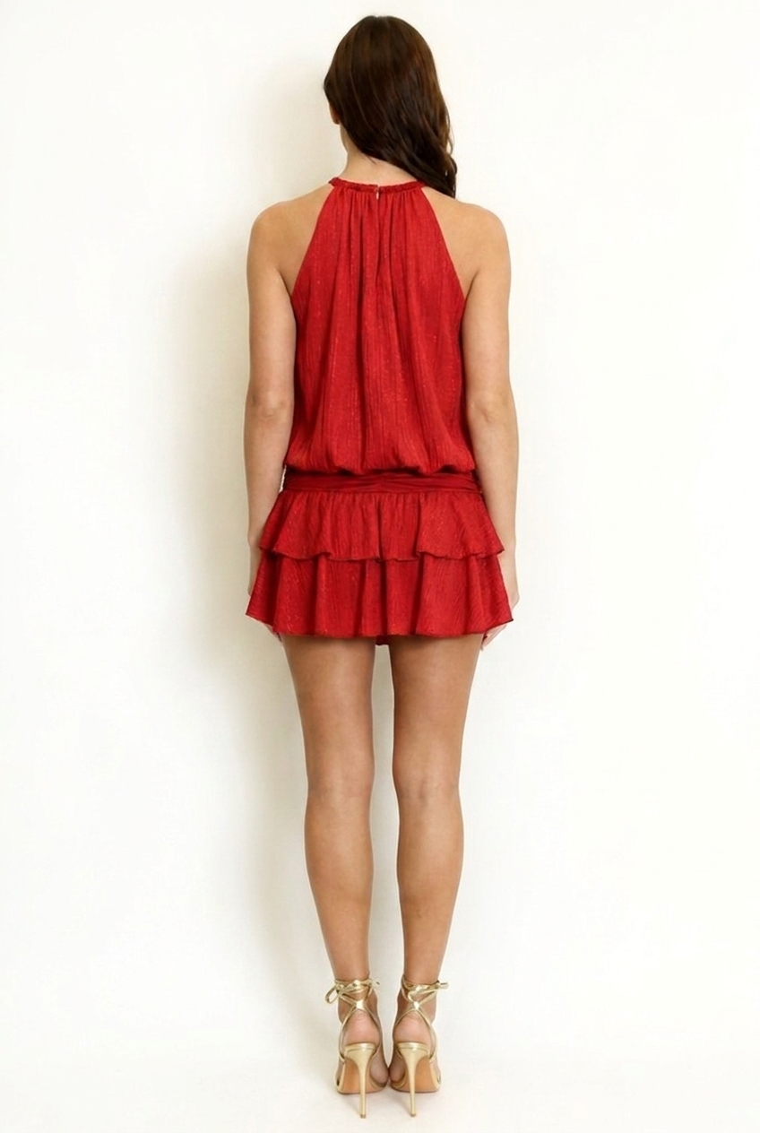 Red Blouson Frill Detail Mini Dress