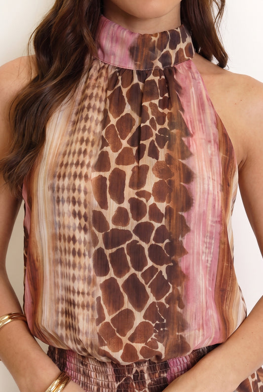 Venoura Multi Abstract Animal Print High Neck Mini Dress