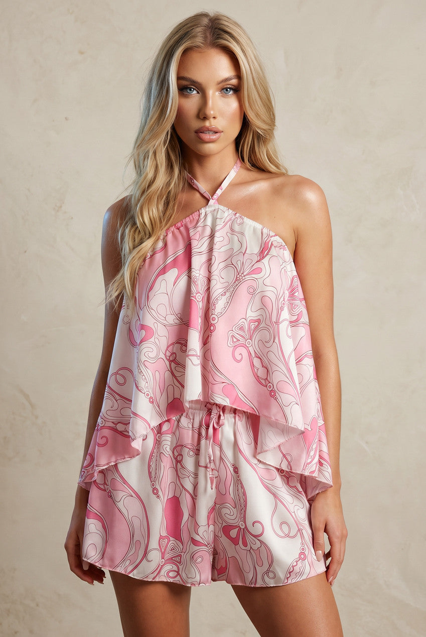 Pink Abstract Print Halter Neck Top & Shorts Co-ord Set