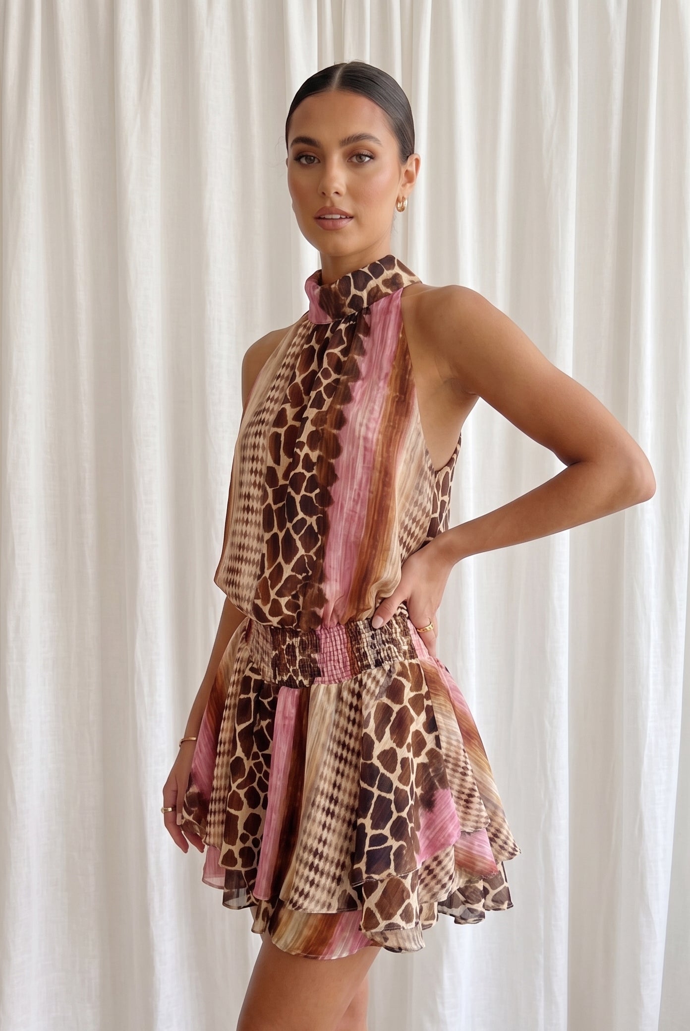 Multi Abstract Animal Print High Neck Mini Dress