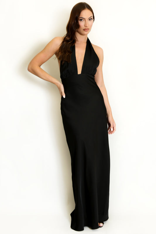 Black Satin Plunge Halter Neck Maxi Dress