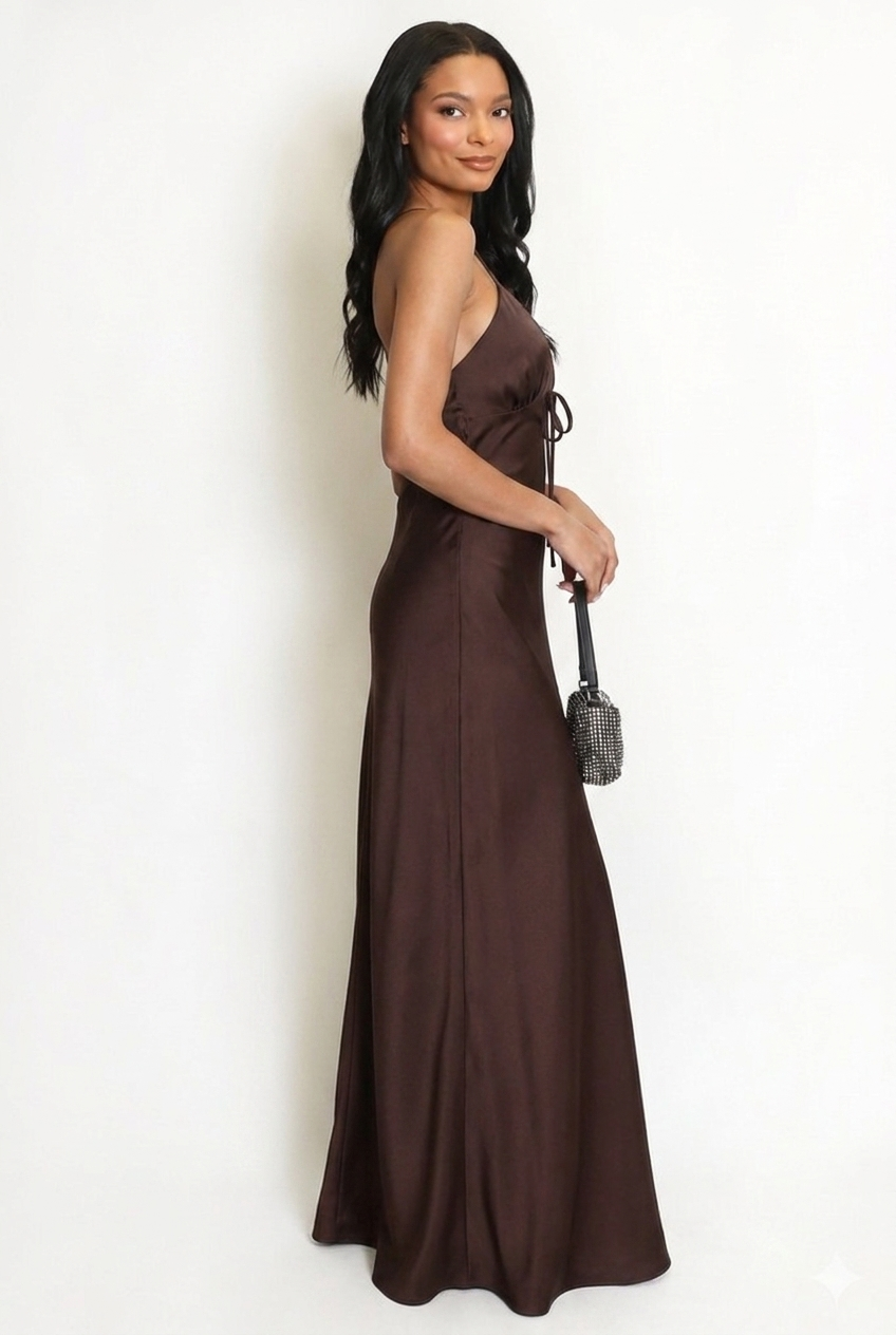 Brown Satin Plunge Neck Maxi Dress