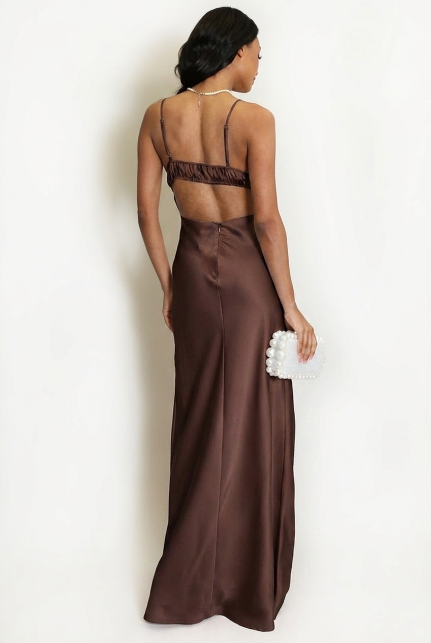 Brown Satin Plunge Neck Maxi Dress
